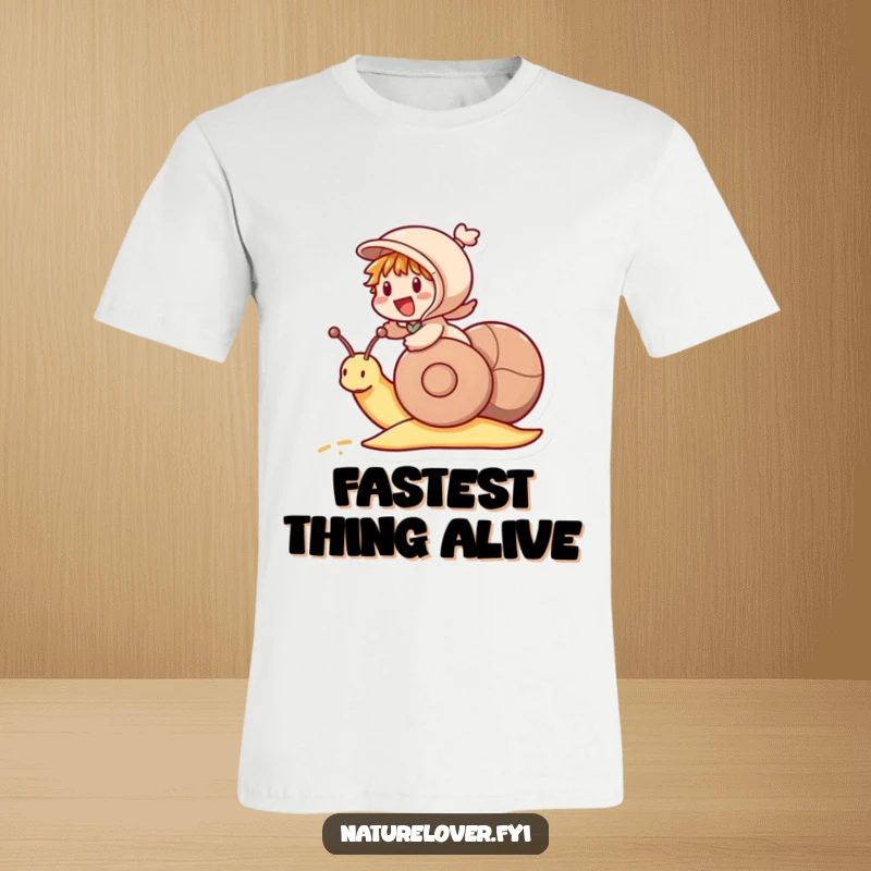 Funny t-shirt depicting a little character excitedly riding a snail like a racehorse, embodying whimsical speed.