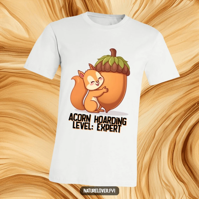 Funny squirrel t-shirt with a cheerful squirrel enthusiastically trying to hug an impossibly large acorn, great for humor lovers.