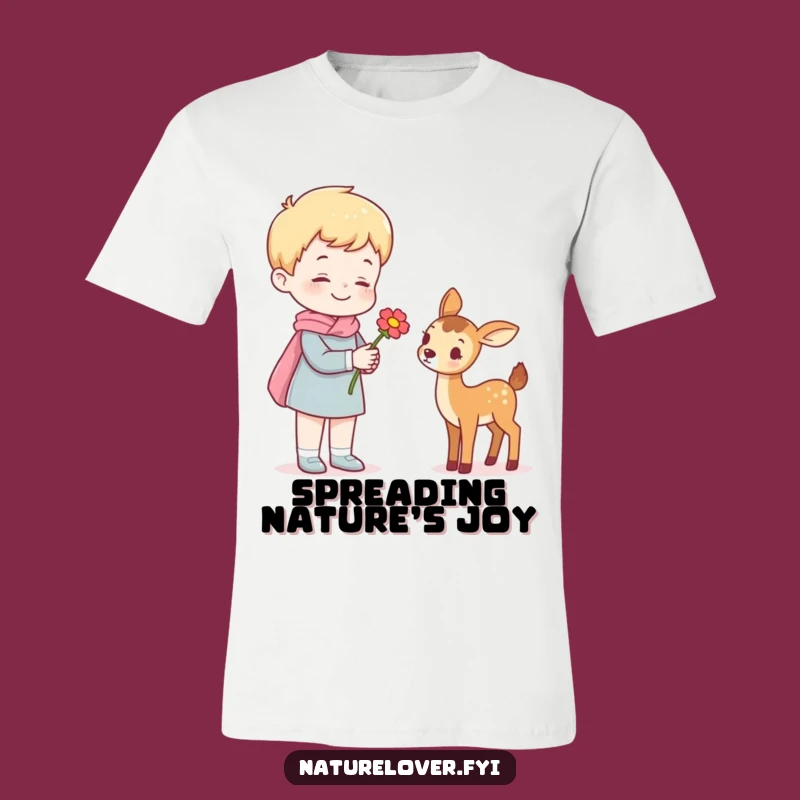 Funny T-Shirt: Cheerful Figure Gifts Flower to Adorable Mini Deer Friend