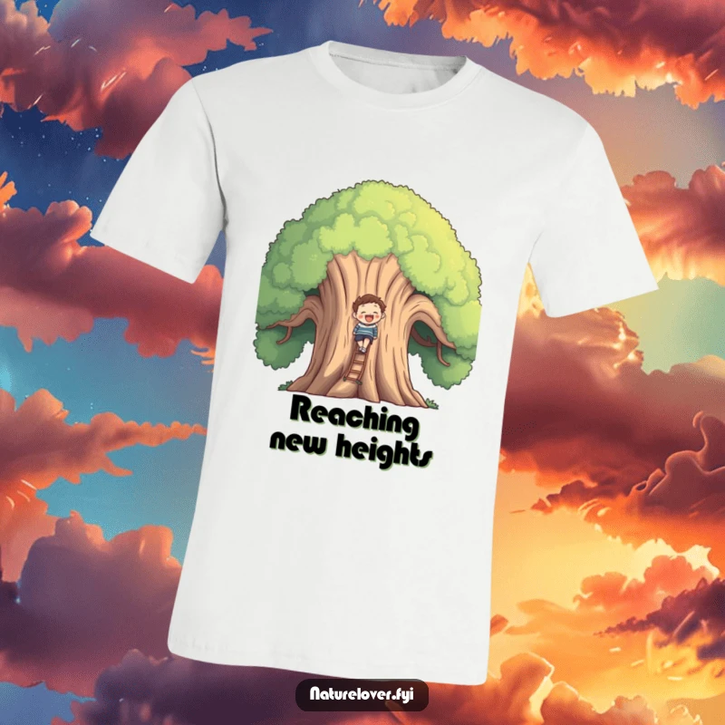 A smiling, determined figure climbing a colossal, friendly tree, illustrated on this humorous t-shirt.