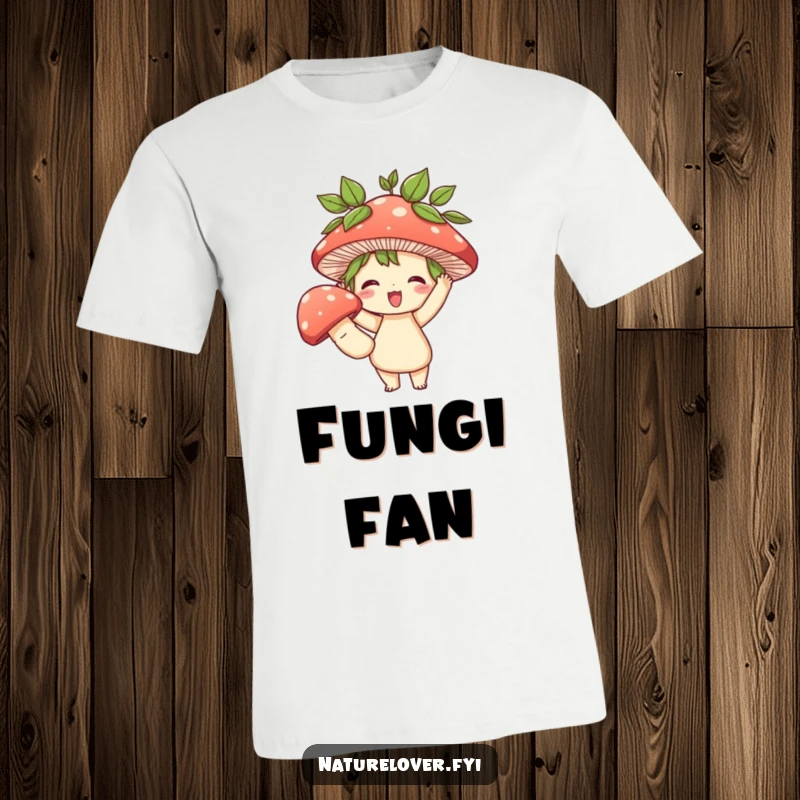 Funny t-shirt showing a cute character with leafy hair, triumphantly lifting a huge mushroom, evoking a sense of funny accomplishment and nature's magic.
