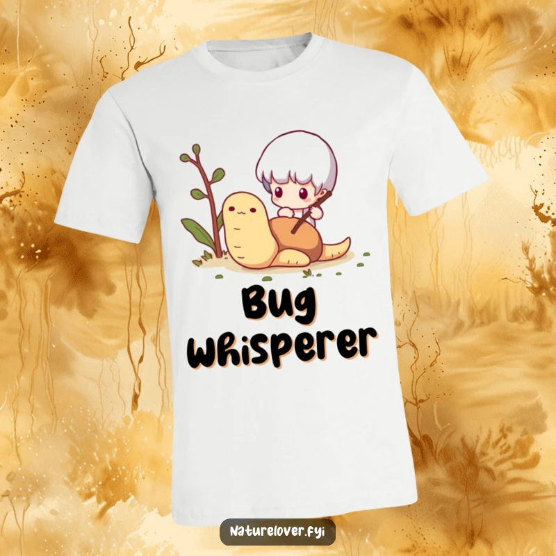 Funny Worm Interaction T-Shirt: A tiny character curiously pokes a happy worm with a twig, a comical woodland scene.