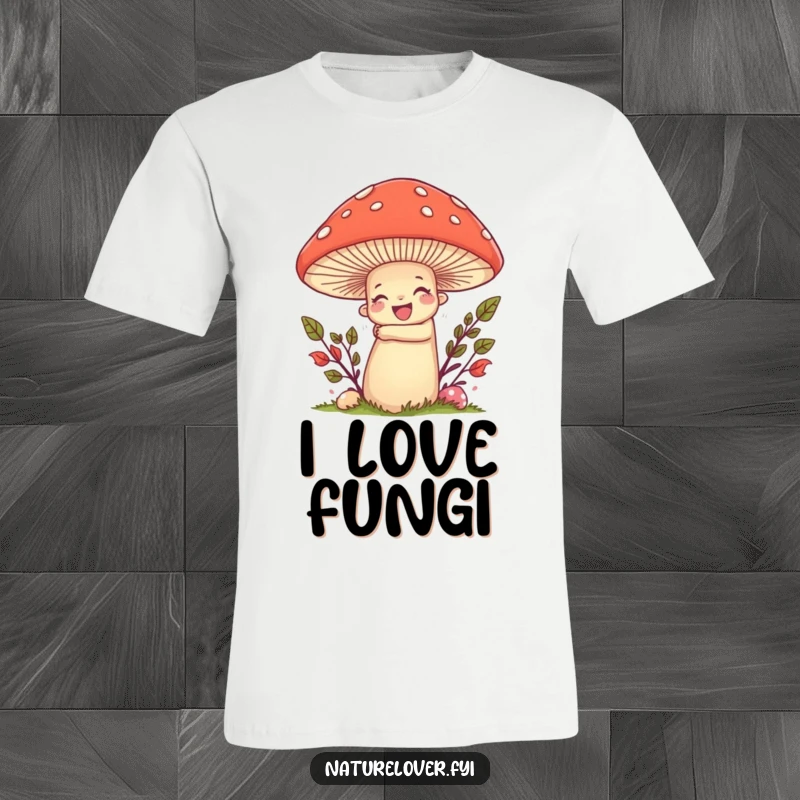 Funny t-shirt showing a nature lover character enthusiastically hugging a giant, smiling mushroom, perfect for outdoor enthusiasts.