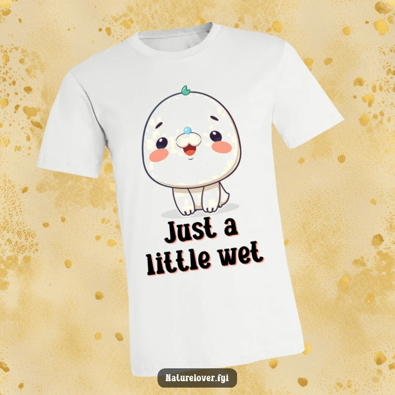 Funny t-shirt depicting a delighted character smiling widely as a small raindrop touches its nose, embodying pure, simple joy.