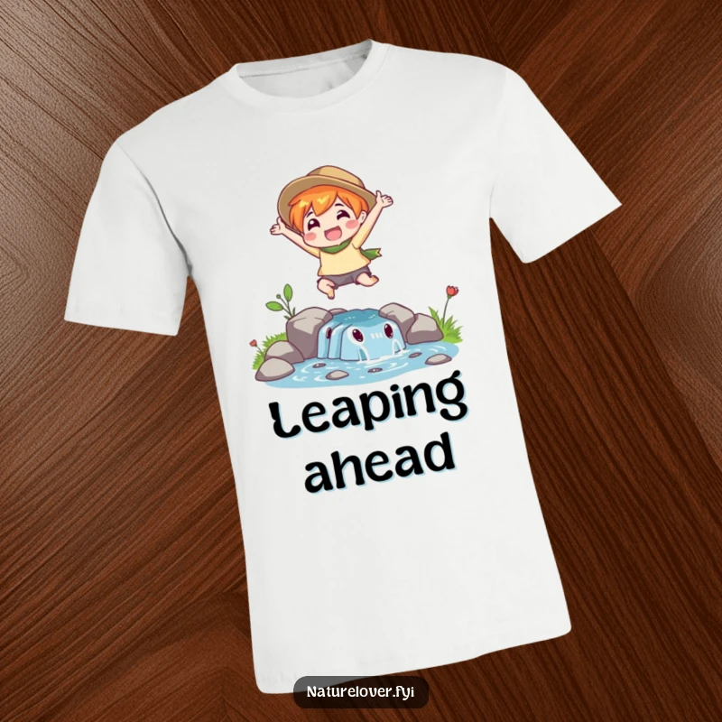 Funny Stream Leap T-Shirt: An energetic nature lover character enthusiastically jumps over a small stream, showcasing outdoor fun.