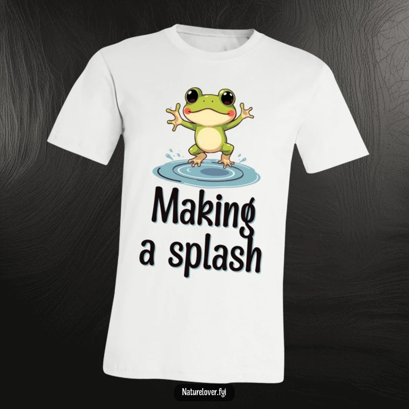 Funny t-shirt graphic of a frog wearing small galoshes, gleefully jumping in an oversized puddle of ink.