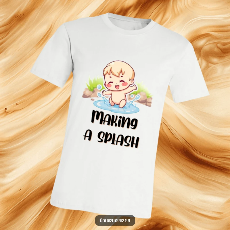 A funny, joyful character delightedly splashing water in a minuscule puddle, illustrated on this t-shirt.
