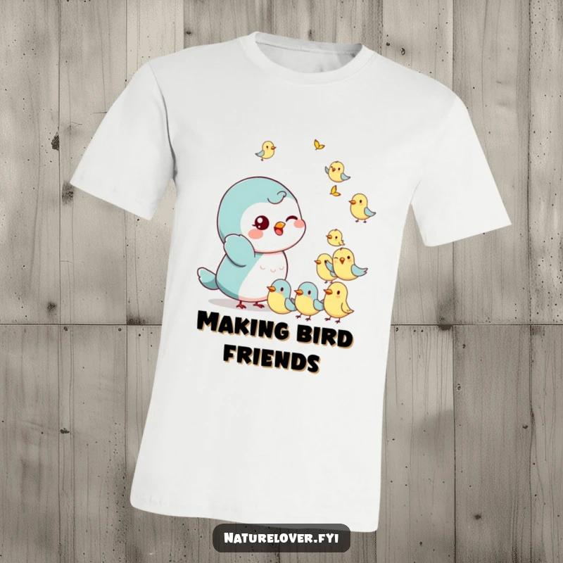 Funny T-Shirt: A small character with a playful wink waves hello to a flock of tiny, cheerful birds, spreading joy.