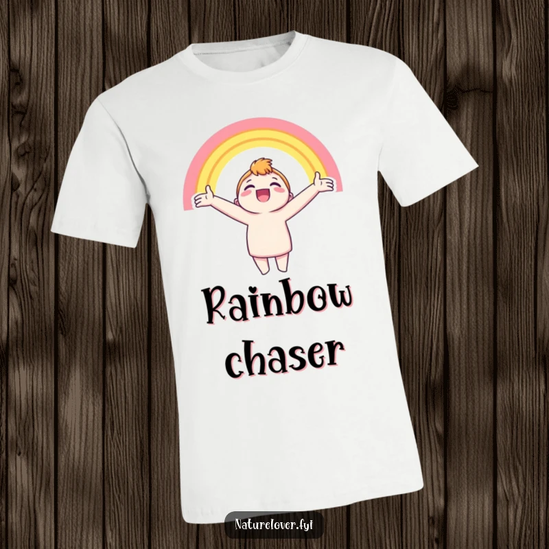 Funny t-shirt featuring a character with arms outstretched, beaming joyfully at a bright and vibrant rainbow.