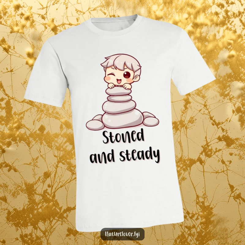 Funny t-shirt depicting a character winking mischievously while attempting to balance a tall stack of smooth stones.