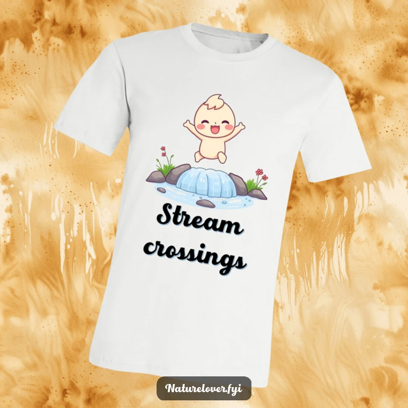Funny t-shirt featuring a happy character in mid-leap over a small, clear stream, embodying pure joy and freedom.