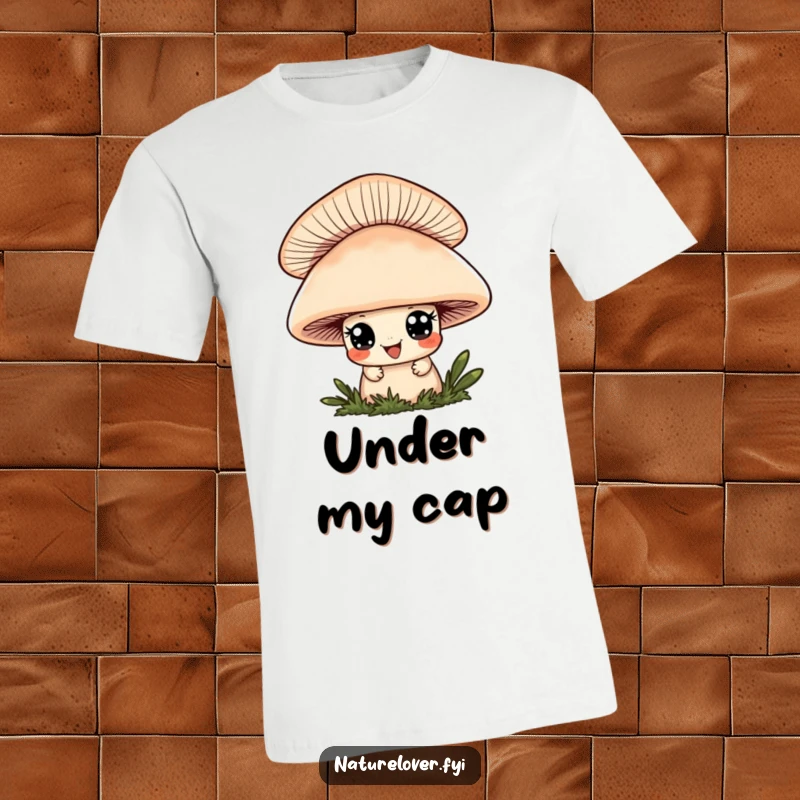 Funny t-shirt featuring a cute character with wide eyes and a playful grin peeking out from behind a giant mushroom, full of mischief.