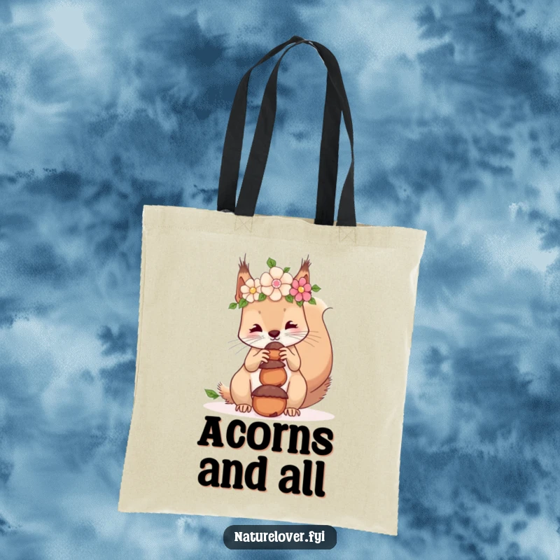Funny tote bag illustration of a squirrel with a flower crown, humorously balancing acorns on its nose.