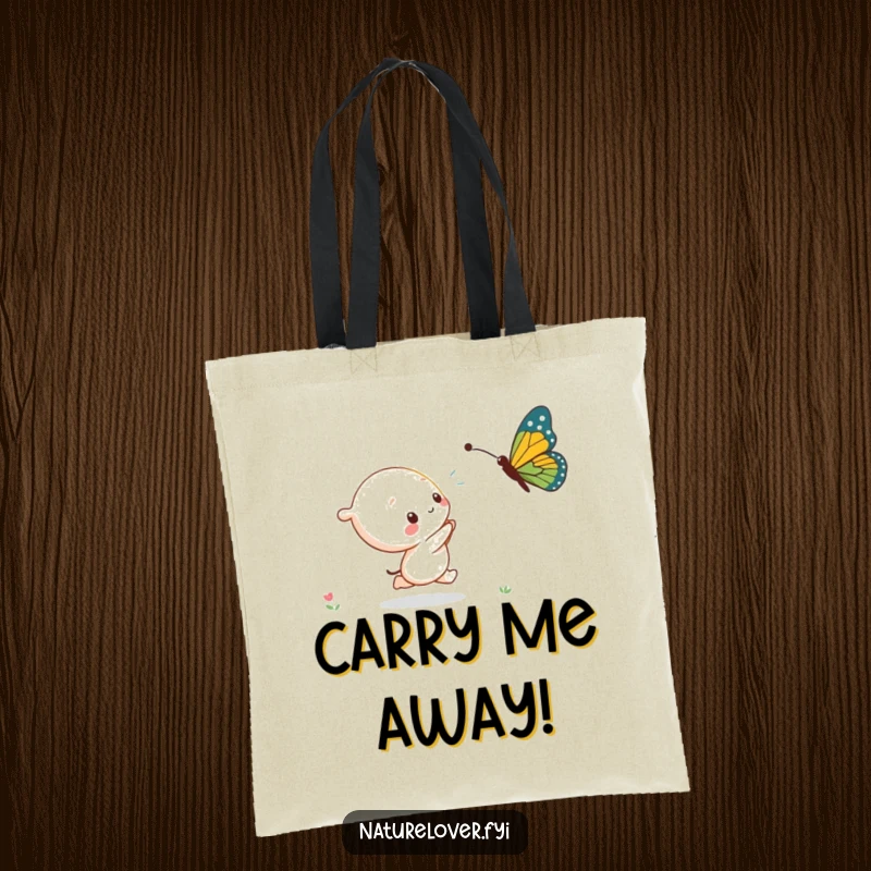 Funny kawaii character joyfully chasing a giant butterfly, illustrated on a durable and stylish tote bag.