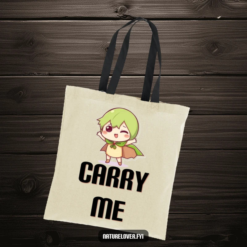 Funny Leaf Hero Tote Bag: A little character strikes a funny pose with a leaf cape, a humorous and practical accessory.