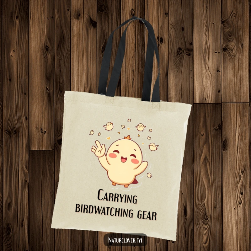 Funny Tote Bag: A happy character waves enthusiastically at a small flock of cheerful tiny birds.