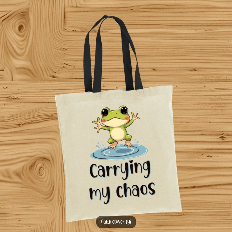 Funny tote bag illustration of a frog in tiny galoshes, joyfully jumping in a large ink puddle.