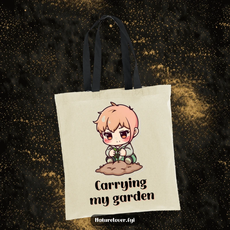 Funny tote bag: cute character carefully plants a tiny seed. Ideal for gardeners, humorous gift.