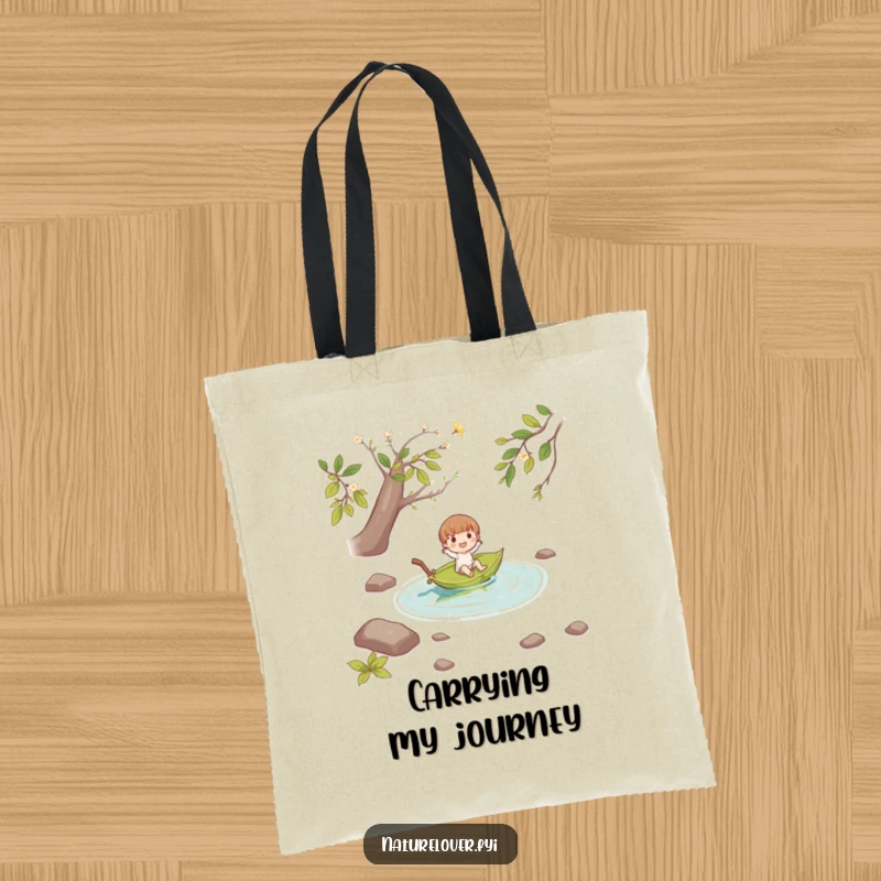 Funny small character joyfully floating down a stream on a fallen leaf boat, showcased on a spacious and stylish tote bag.