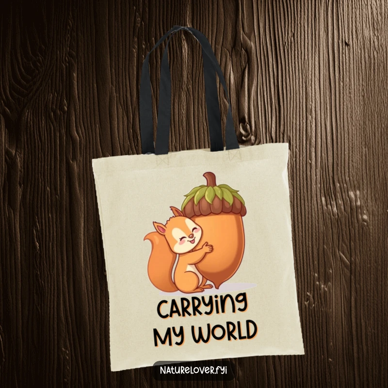 Funny squirrel tote bag illustrating a cheerful squirrel trying to hug an enormous acorn, practical and humorous for everyday use.