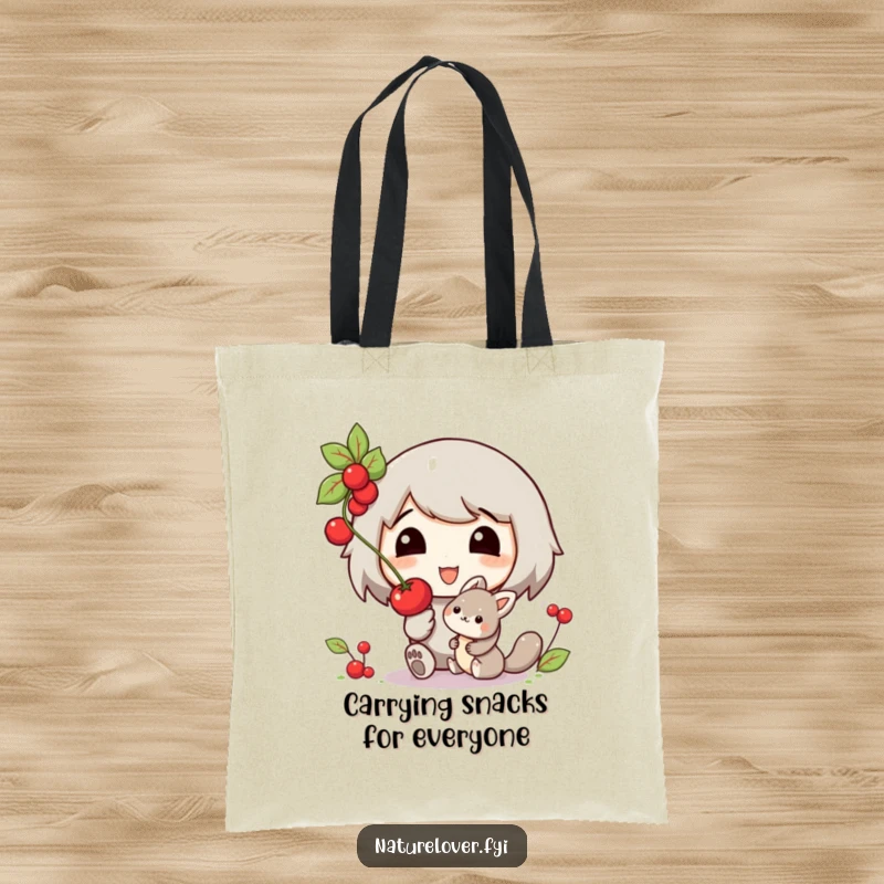 Funny tote bag illustrating a cheerful character offering a berry to a small, friendly woodland animal, a symbol of sharing.