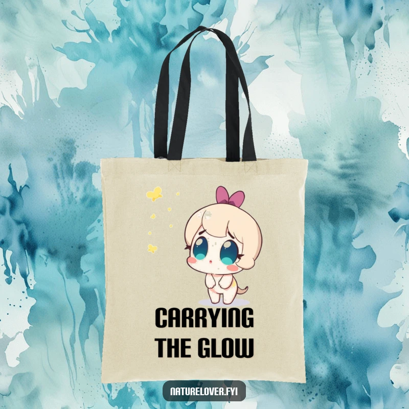 Funny tote bag featuring a cute character with amazed eyes watching fireflies appear, perfect for humorous, enchanting carrying.