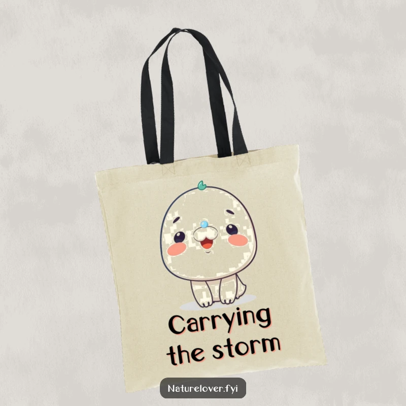 Funny tote bag with a smiling character delightedly receiving a tiny raindrop on its nose, a charming piece of art.