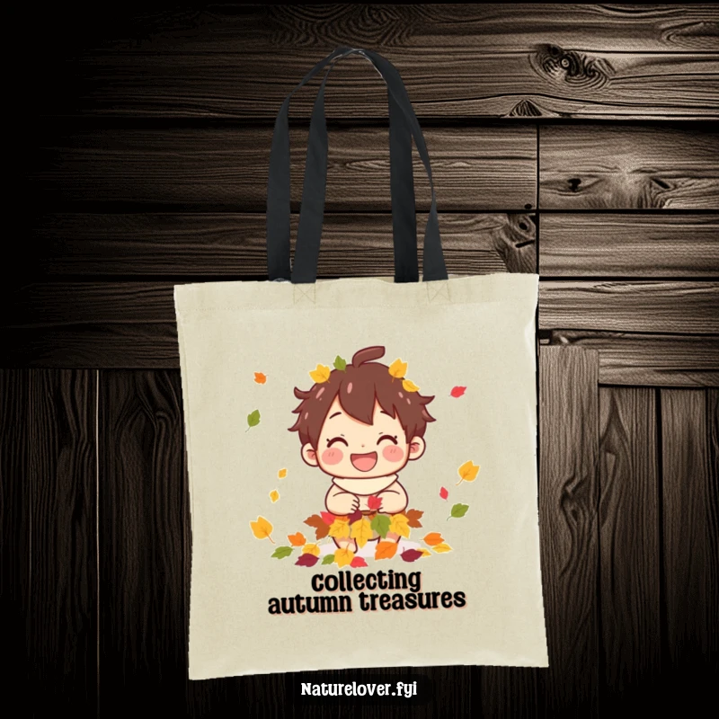 Funny tote bag illustrating a happy character collecting a heap of colorful autumn leaves, celebrating the season.