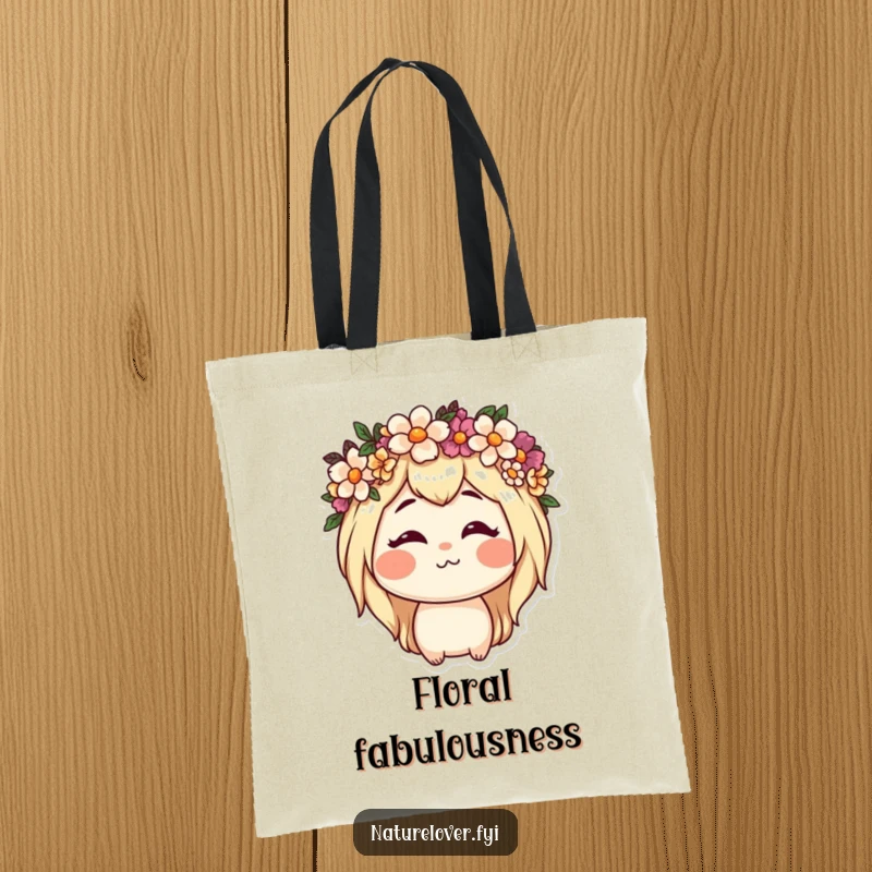 Funny tote bag design of a nature lover wearing a flower crown and making a silly face, perfect for anyone who loves floral humor.