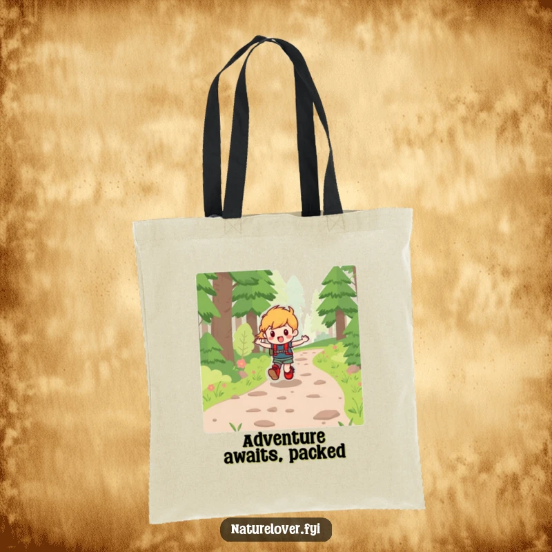 Funny tote bag with a character in hiking boots skipping joyfully down a forest path, perfect for hikers.