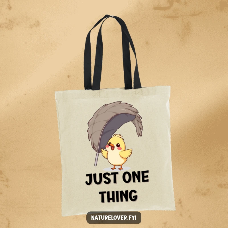 Funny bird tote bag showing a gleeful bird trying to build a nest from a single, enormous feather, practical and witty.
