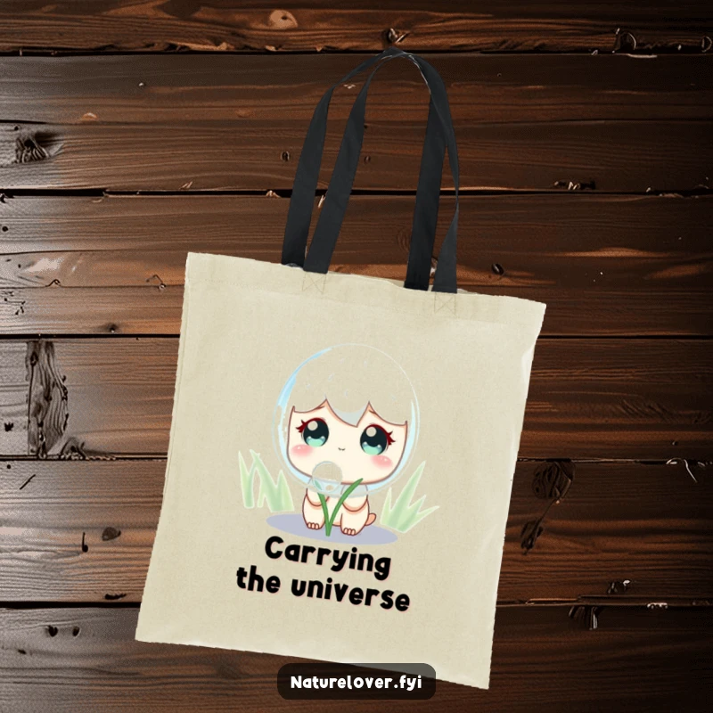 Funny Tote Bag: Cute character with wide, curious eyes looking up at a massive, shimmering dewdrop, conveying a sense of wonder and discovery.
