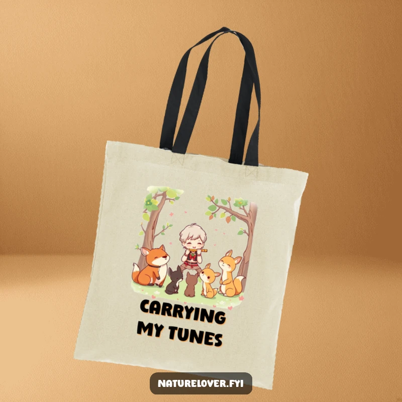 Funny tote bag showing a character joyfully playing a flute for a group of attentive woodland creatures, perfect for music lovers.