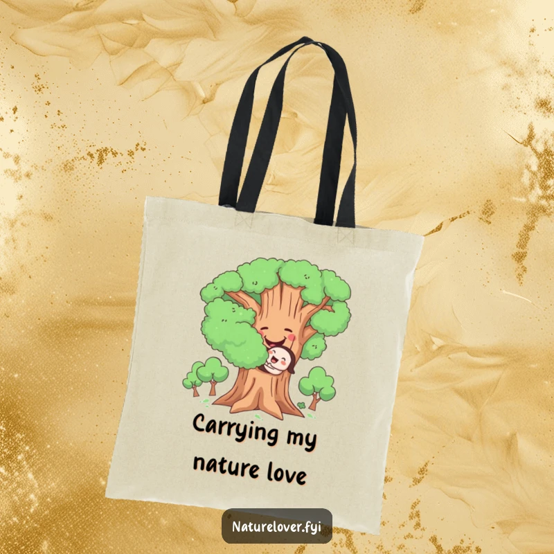 Funny Hugging Tree Tote Bag, durable bag with a cute character joyfully hugging a large, smiling tree, perfect for carrying nature vibes.