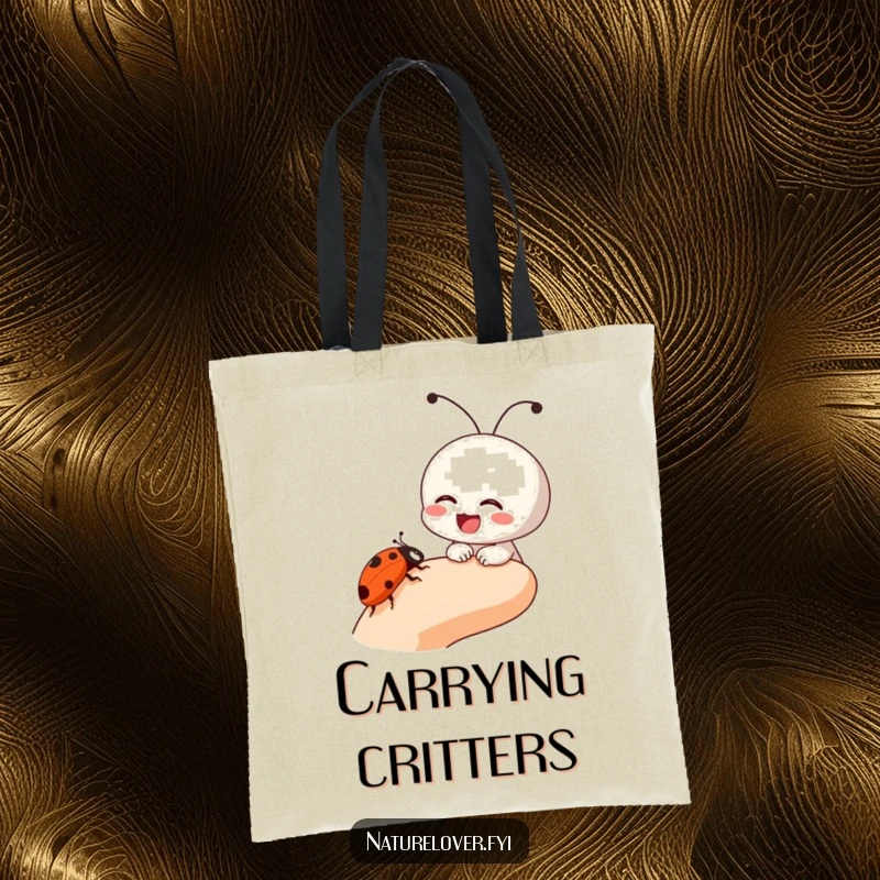 Funny tote bag featuring a small character laughing as a ladybug crawls on its finger, perfect for humorous, charming carrying.