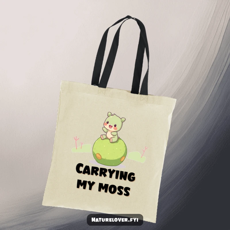 Funny Moss Ball Rider Tote Bag: A creature riding a moss ball, perfect for carrying items with a serene vibe.