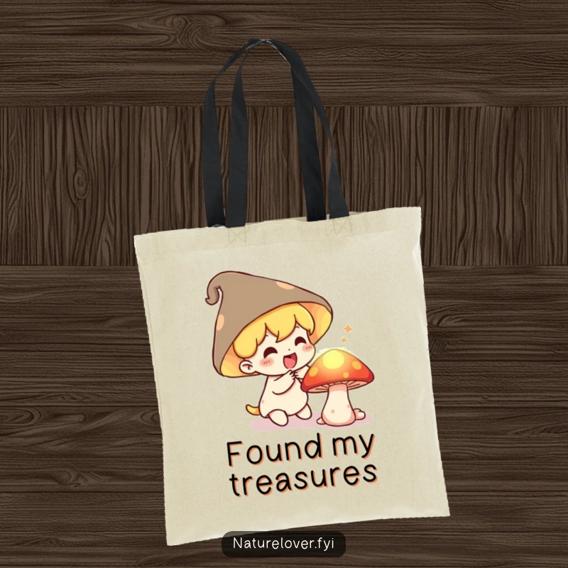 Funny Tote Bag: Small character gasping with delight finds a secret, glowing mushroom, perfect for carrying essentials with magic.