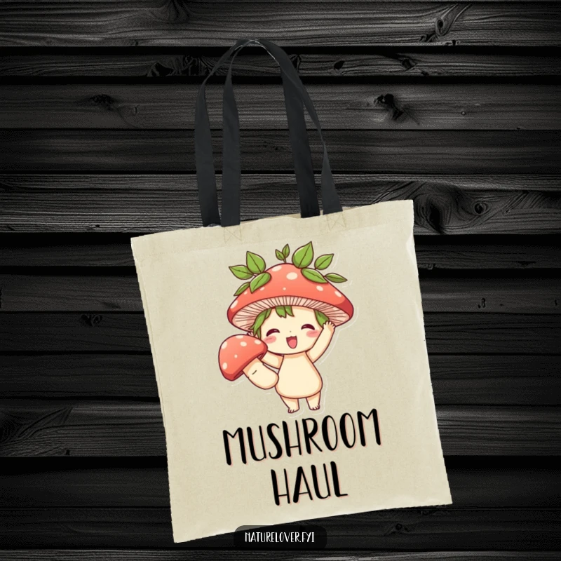 Funny tote bag illustrating a cute character with leaves in hair, proudly displaying a large mushroom, signifying a funny, successful foraging trip.