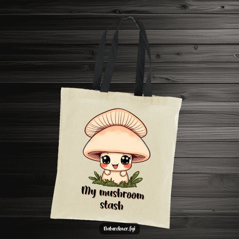 Funny tote bag showcasing a cute character with wide eyes and a playful grin peeking from behind a big mushroom, full of fun.