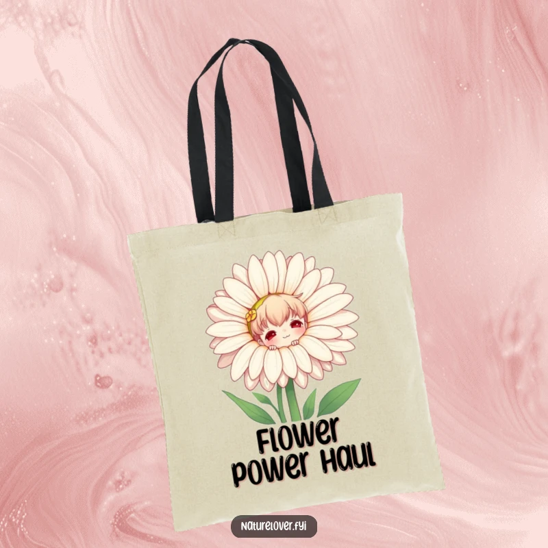 Funny tote bag design of a nature lover character playfully hiding behind an enormous daisy, perfect for shoppers who adore nature.