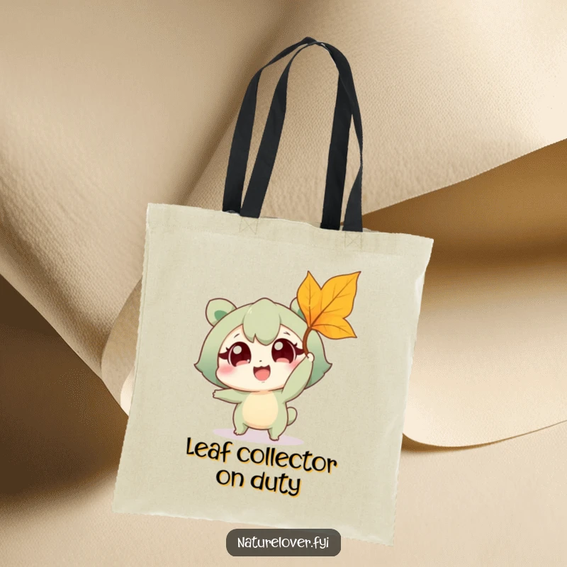Funny tote bag illustration of a joyful nature lover character attempting to catch a falling leaf, designed for eco-conscious and humorous shoppers.
