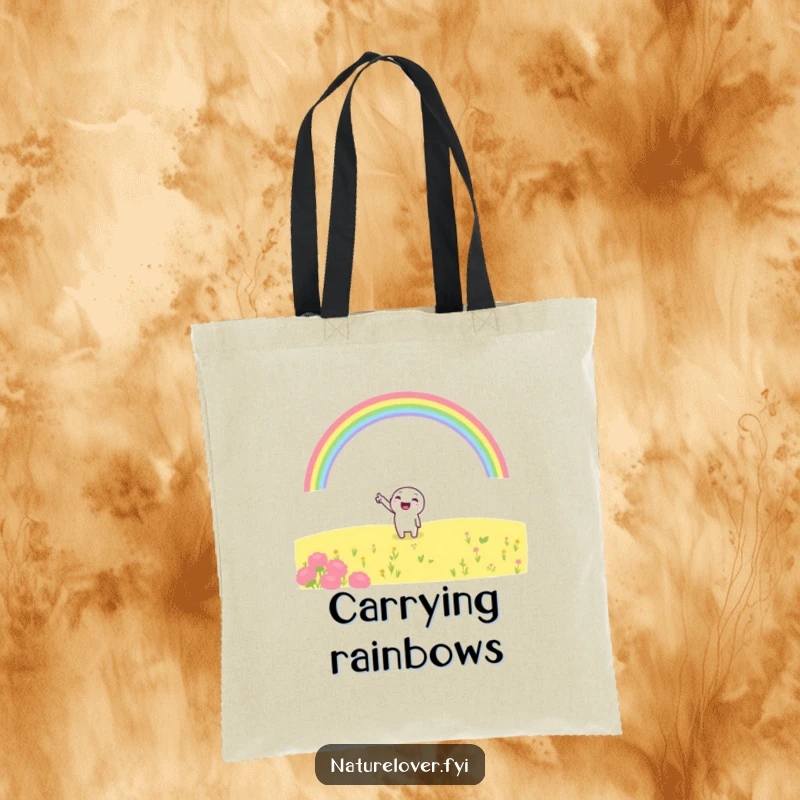 Funny tote bag with a cheerful character pointing at a rainbow arching over a field, perfect for carrying items with a hopeful, humorous vibe.
