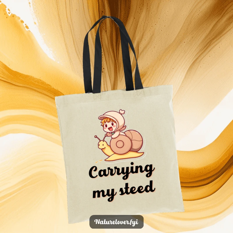 Funny tote bag illustrating a little character excitedly riding a snail like a racehorse, capturing whimsical travel.