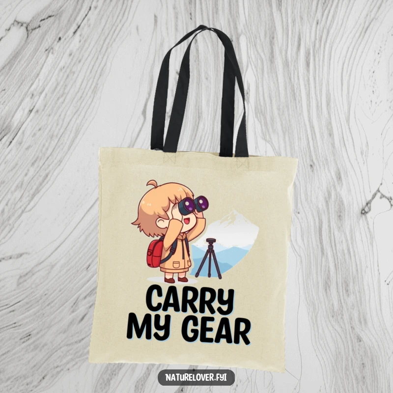 Funny tote bag depicting a character with binoculars excitedly gazing at a silhouetted mountain, perfect for a funny outdoor enthusiast.