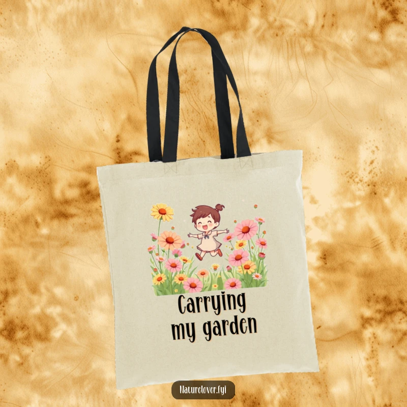Funny tote bag showcasing a whimsical character skipping joyfully through a field of large, colorful wildflowers, a burst of happiness.