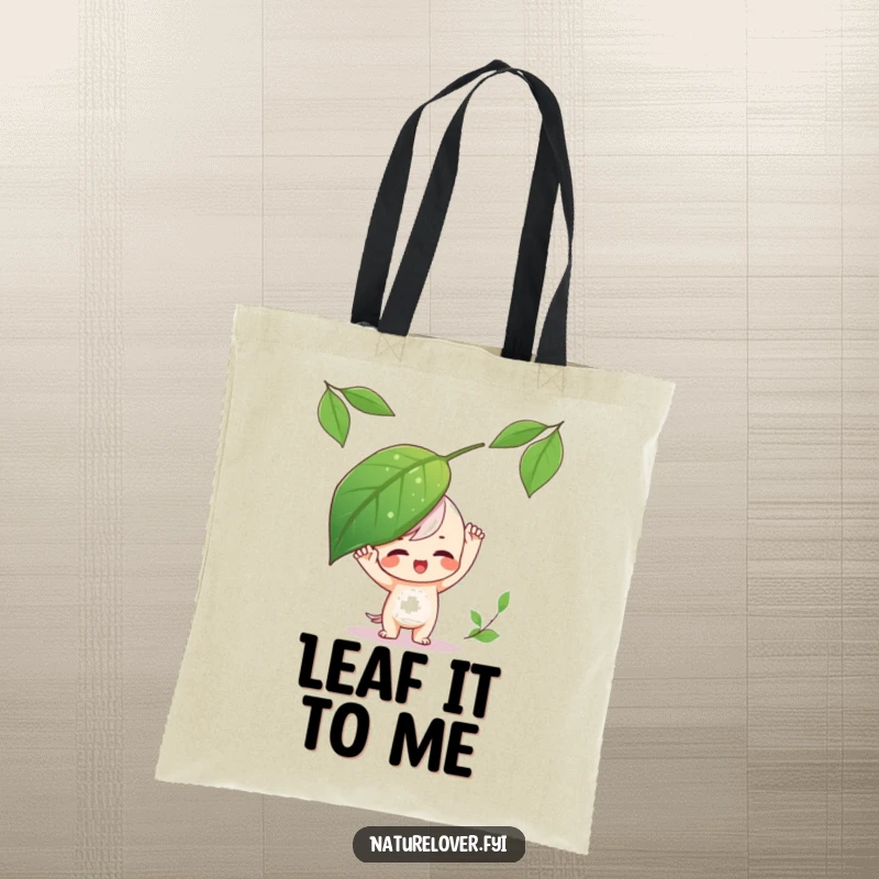 Funny Tote Bag depicting a playful character balancing a large leaf on its head, great for carrying fun items.